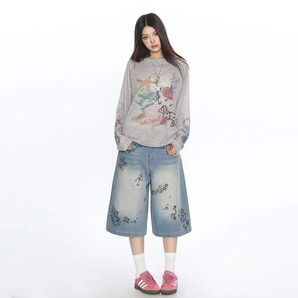Cartoon Graffiti Print Oversized Long Sleeve Tee OL2221