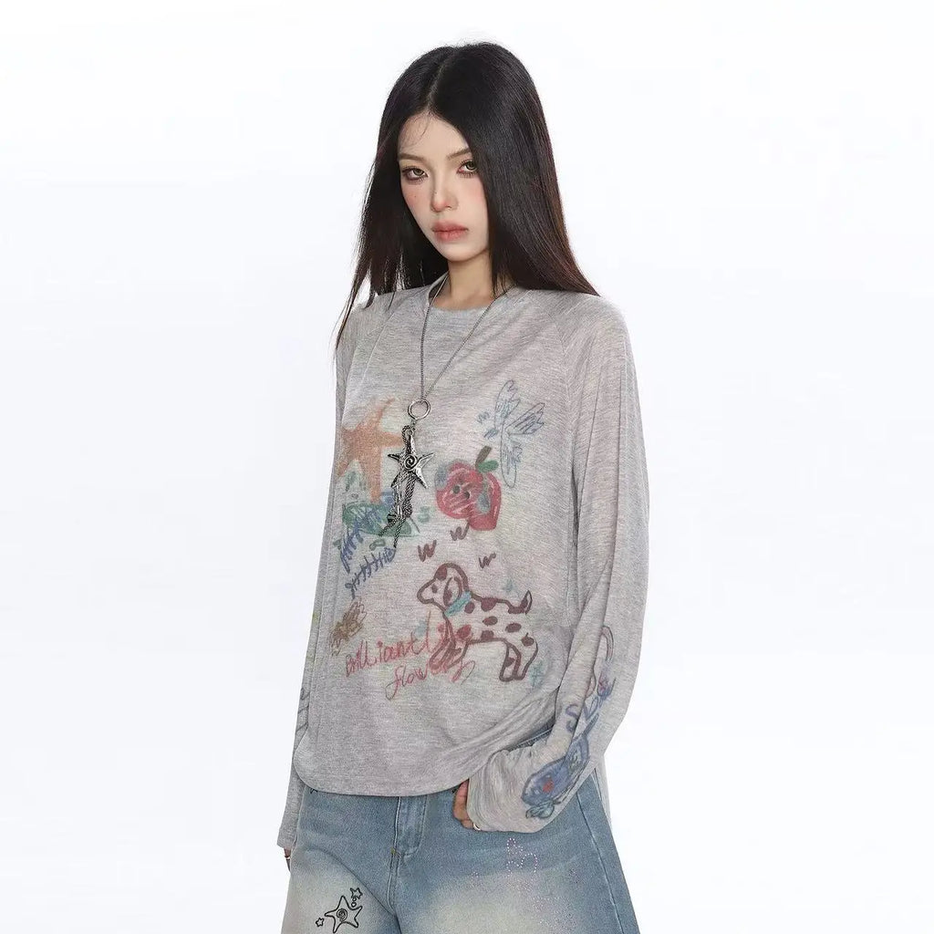 Cartoon Graffiti Print Oversized Long Sleeve Tee   oliviroa オリヴィオラ