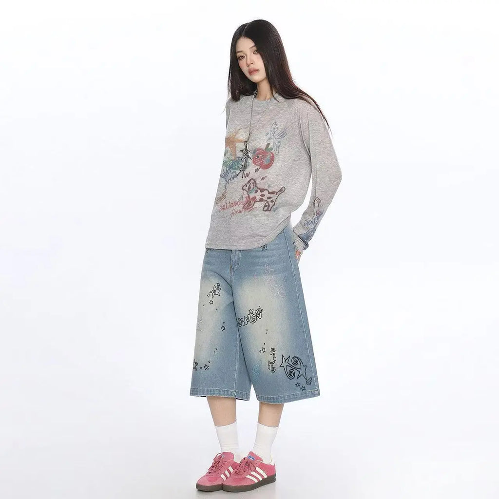 Cartoon Graffiti Print Oversized Long Sleeve Tee OL2221
