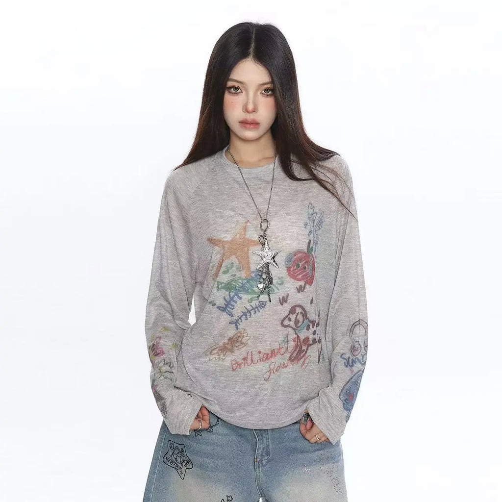 Cartoon Graffiti Print Oversized Long Sleeve Tee OL2221