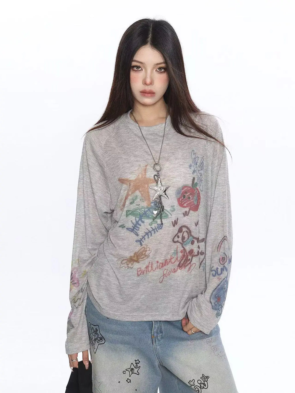 Cartoon Graffiti Print Oversized Long Sleeve Tee OL2221