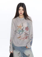 Cartoon Graffiti Print Oversized Long Sleeve Tee OL2221