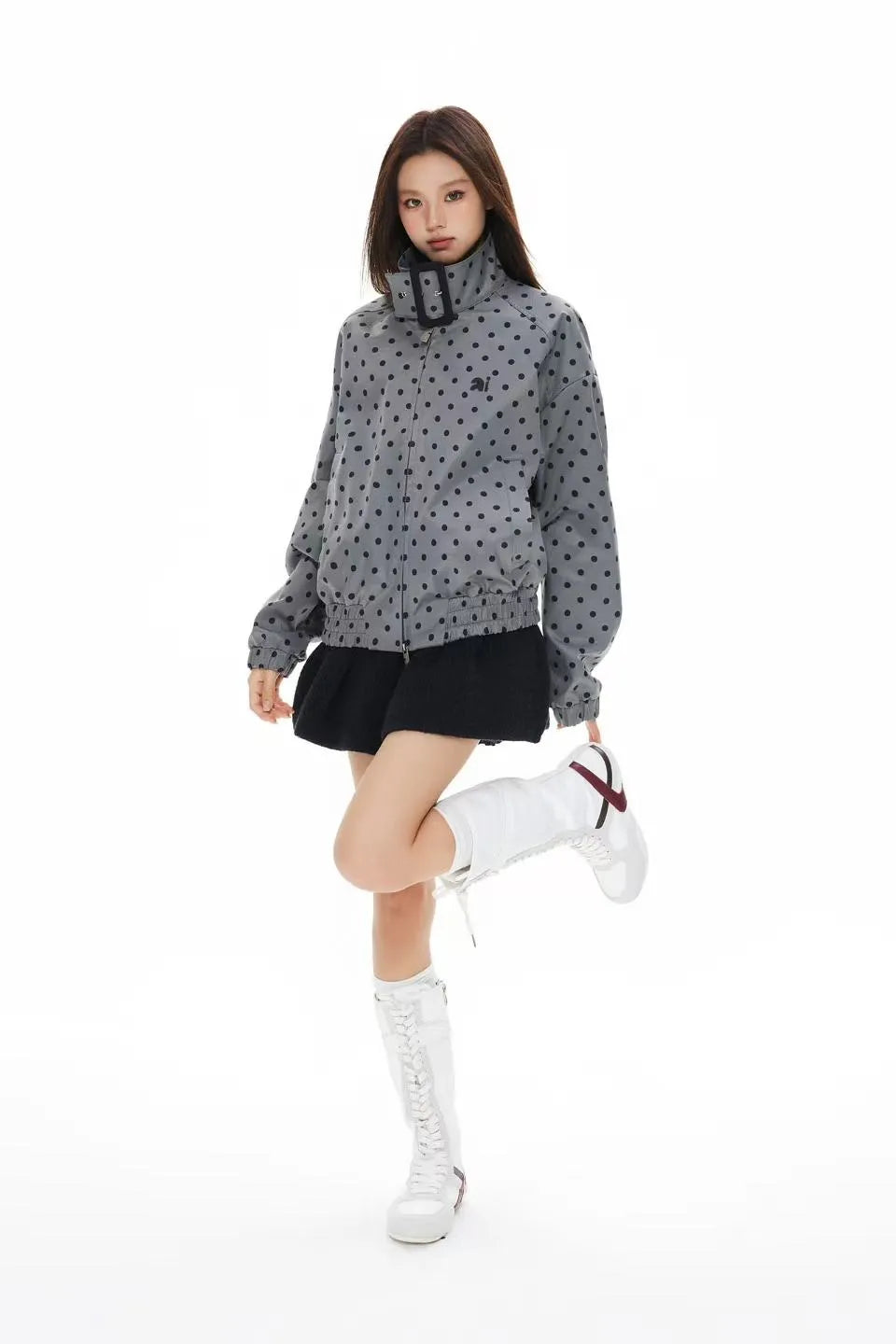 Polka Dot Stand Collar Cropped Jacket OL2222