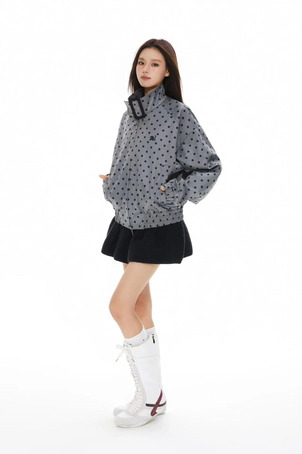 Polka Dot Stand Collar Cropped Jacket OL2222