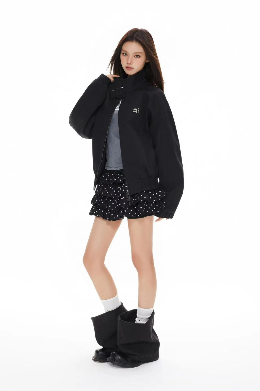 Polka Dot Stand Collar Cropped Jacket OL2222