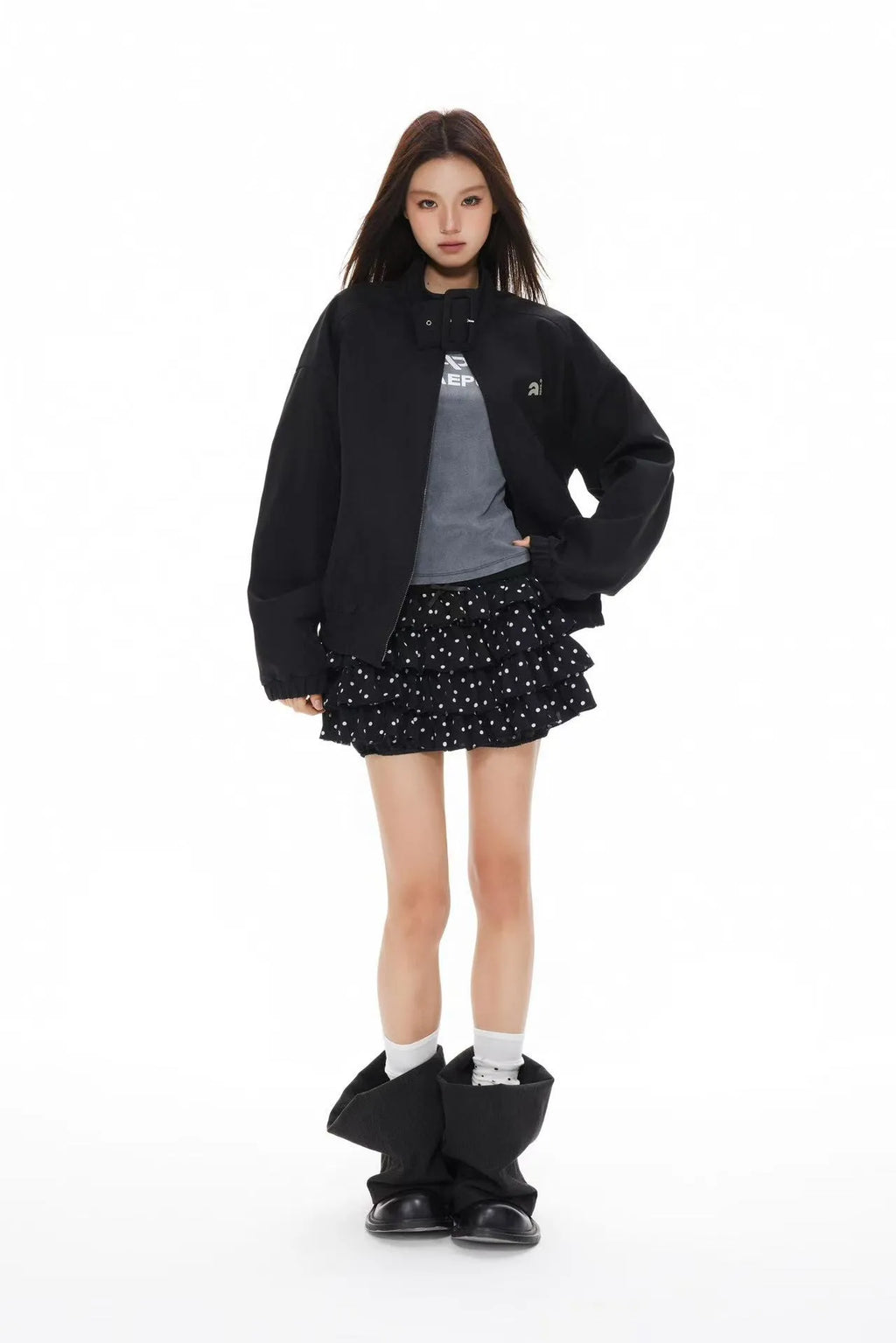 Polka Dot Stand Collar Cropped Jacket OL2222
