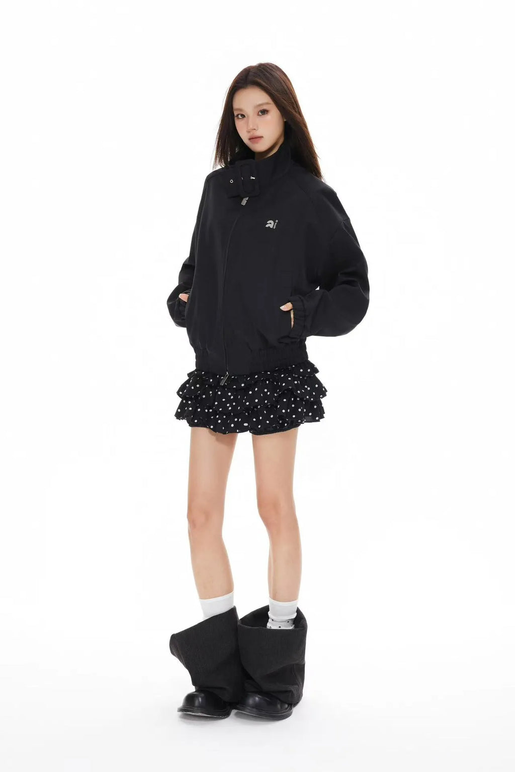 Polka Dot Stand Collar Cropped Jacket OL2222
