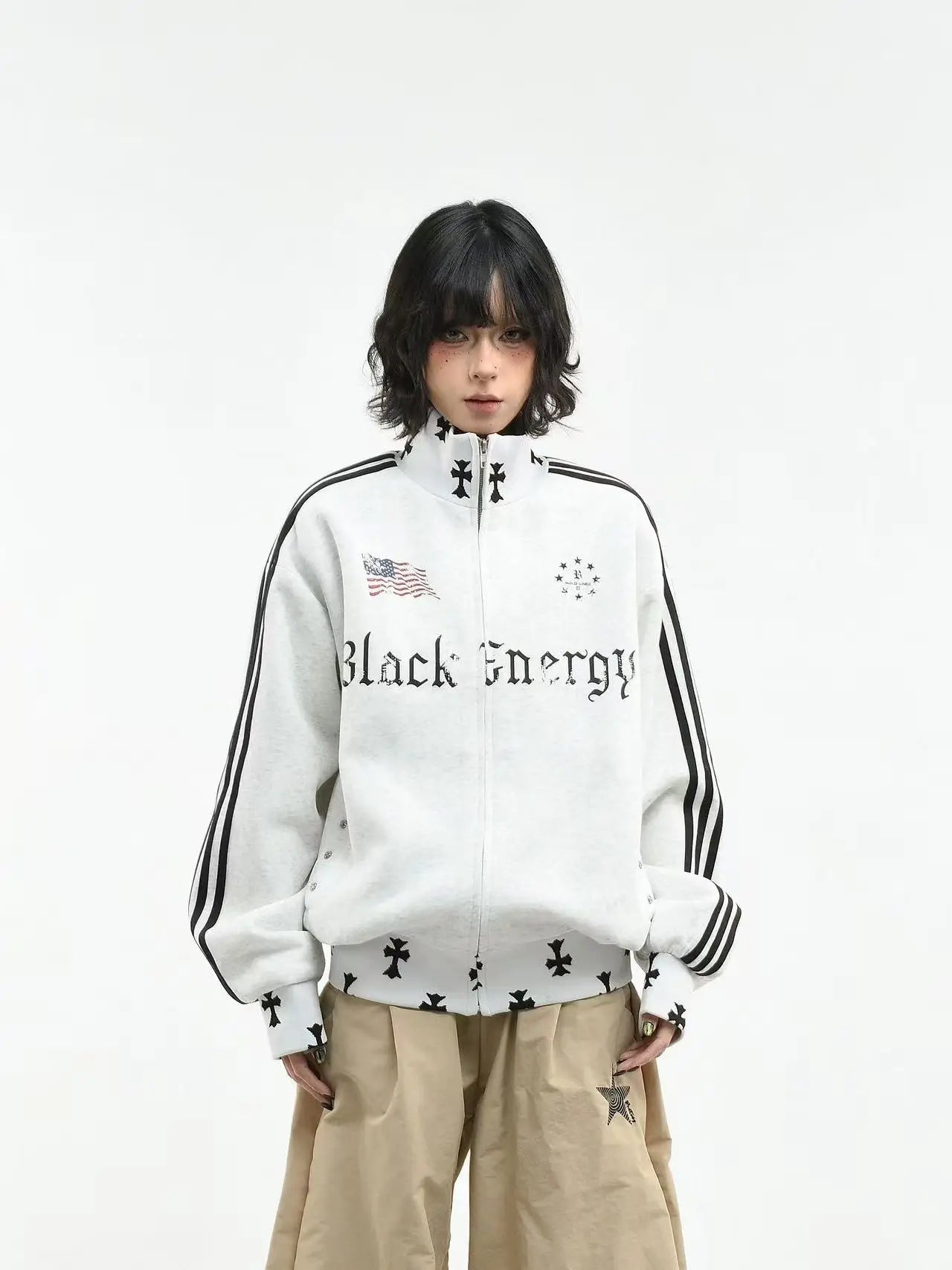 Vintage Three Stripe Stand Collar Zip Hoodie   OL2234