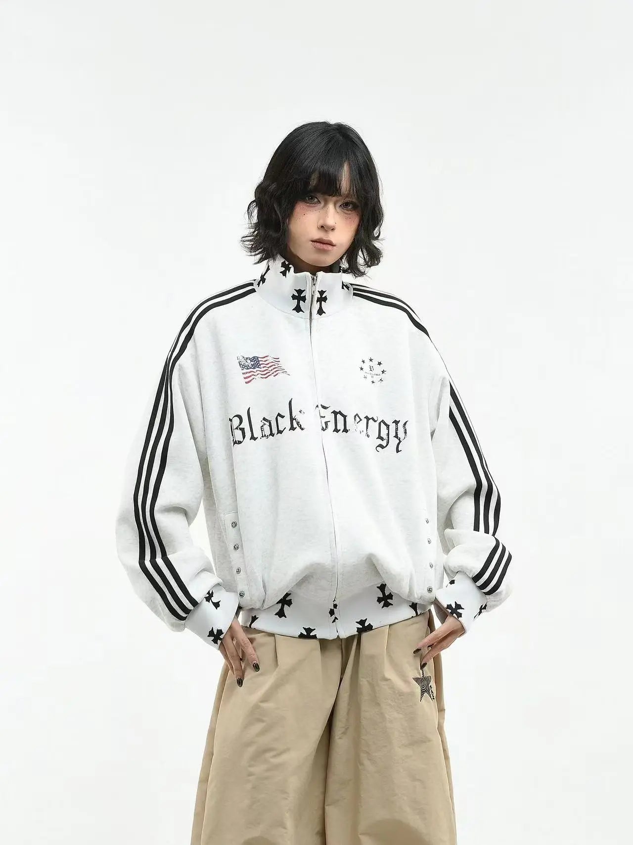 Vintage Three Stripe Stand Collar Zip Hoodie   OL2234