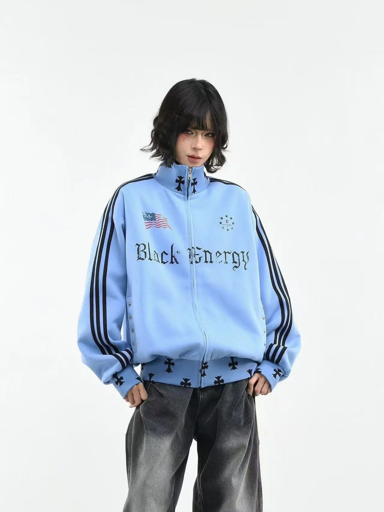 Vintage Three Stripe Stand Collar Zip Hoodie   OL2234