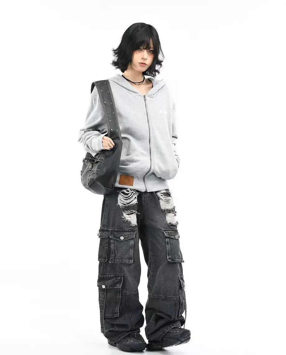 Washed Cropped Zip Hoodie OL2235