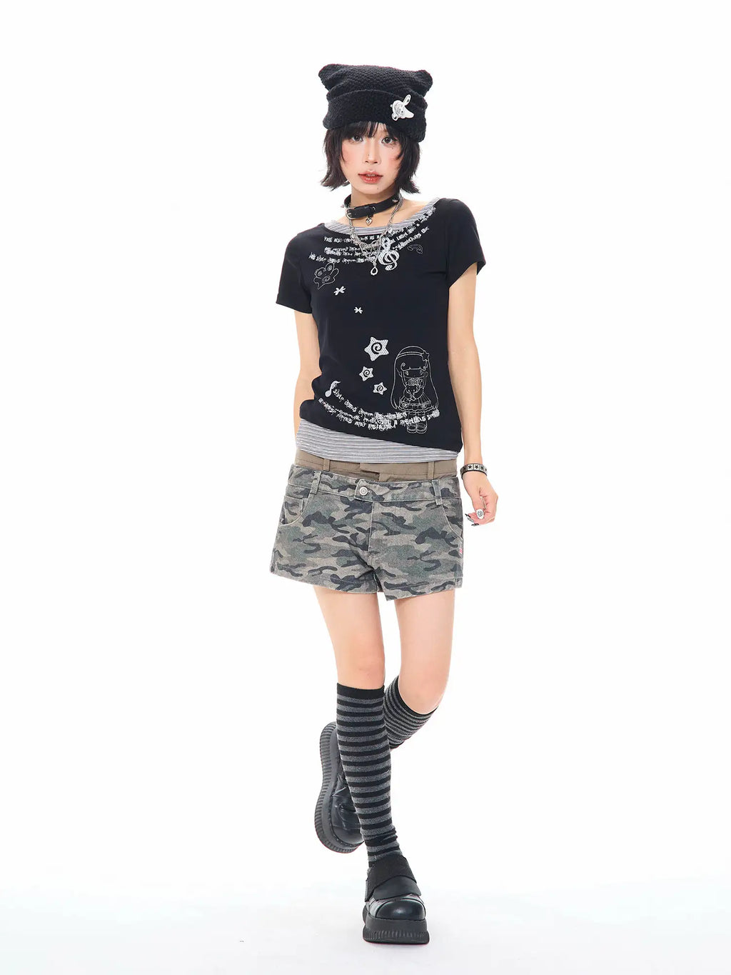 Y2K Melody Print Layered Effect Cropped Tee OL2306