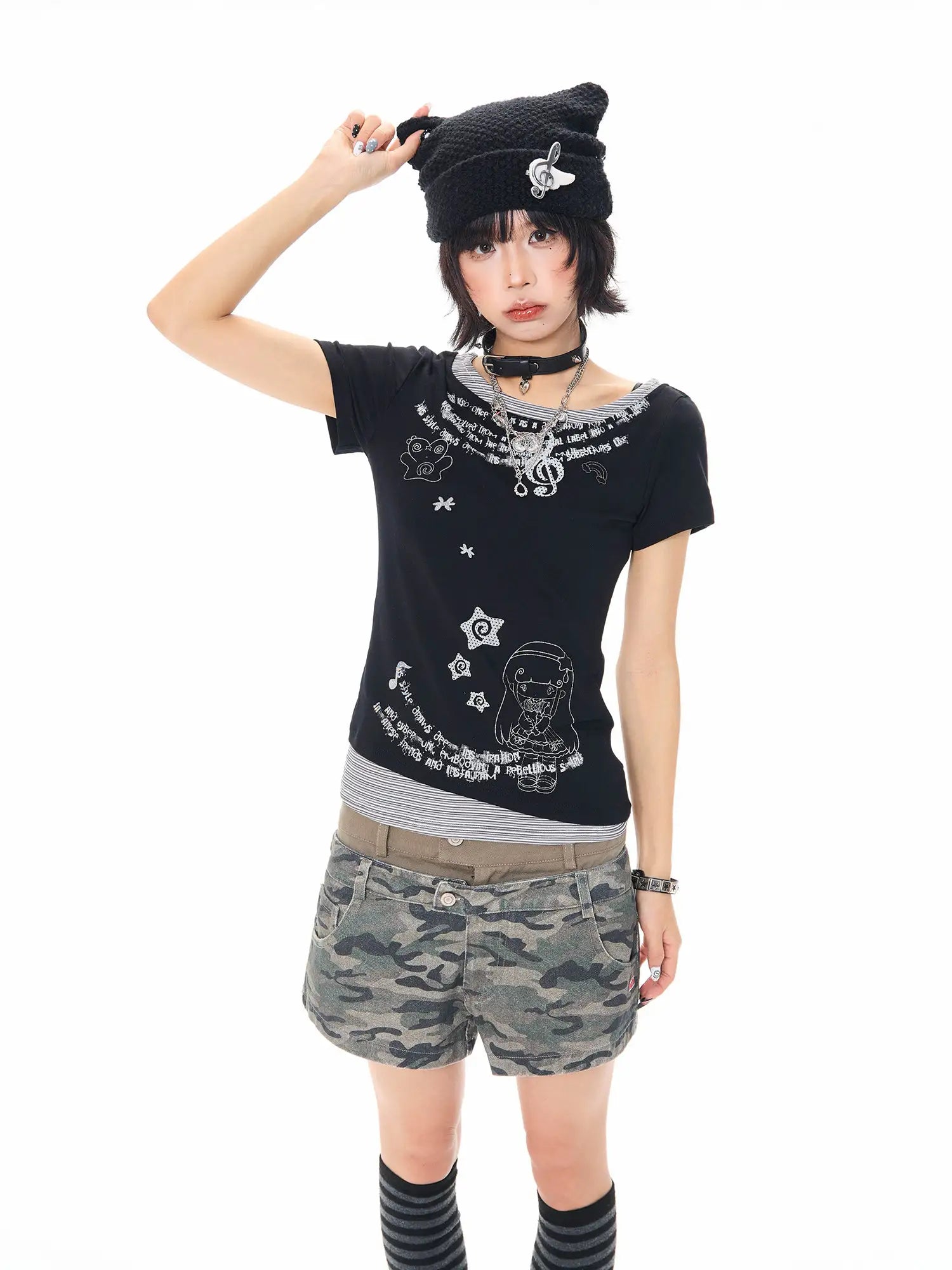 Y2K Melody Print Layered Effect Cropped Tee OL2306