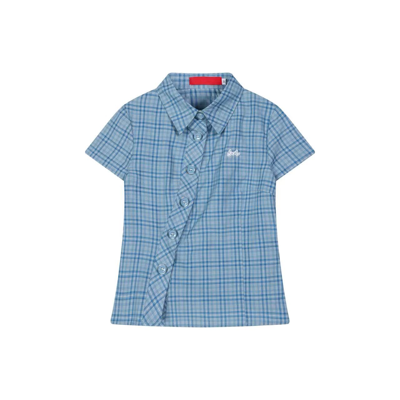 Blue Plaid Cropped Shirt Relaxed Fit Summer Shirt OL2307
