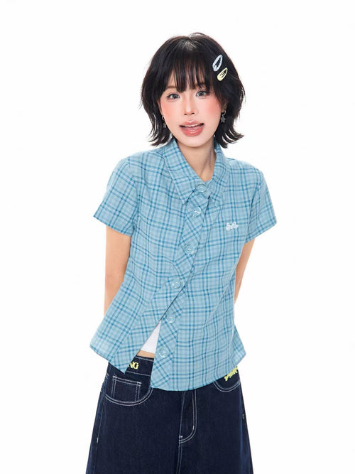 Blue Plaid Cropped Shirt Relaxed Fit Summer Shirt OL2307