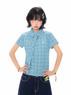Blue Plaid Cropped Shirt Relaxed Fit Summer Shirt OL2307