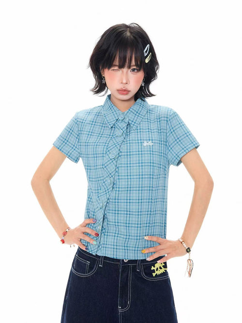 Blue Plaid Cropped Shirt Relaxed Fit Summer Shirt OL2307