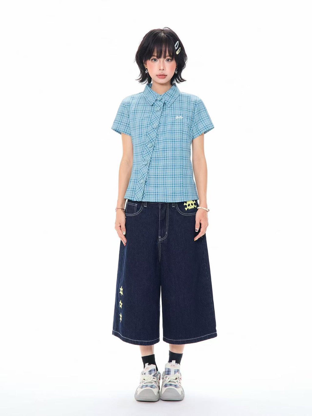 Blue Plaid Cropped Shirt Relaxed Fit Summer Shirt OL2307