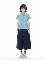 Blue Plaid Cropped Shirt Relaxed Fit Summer Shirt OL2307