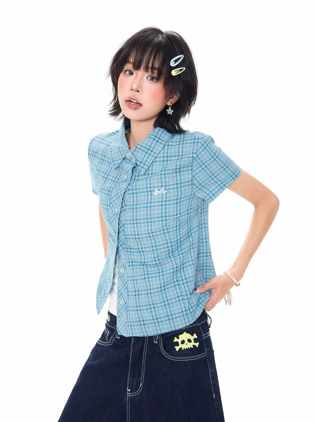 Blue Plaid Cropped Shirt Relaxed Fit Summer Shirt OL2307
