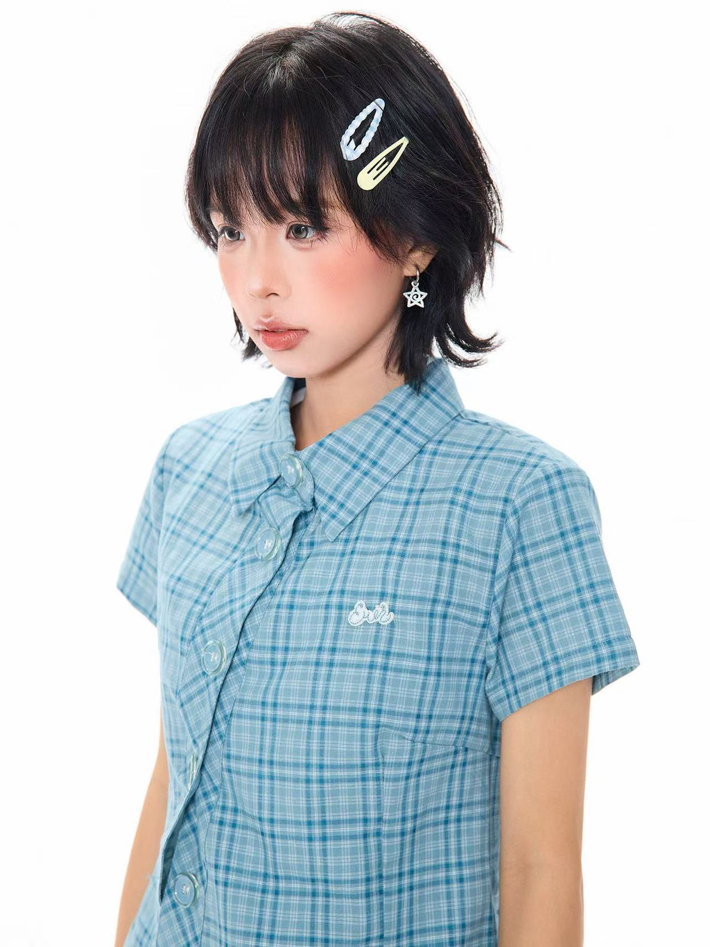 Blue Plaid Cropped Shirt Relaxed Fit Summer Shirt OL2307