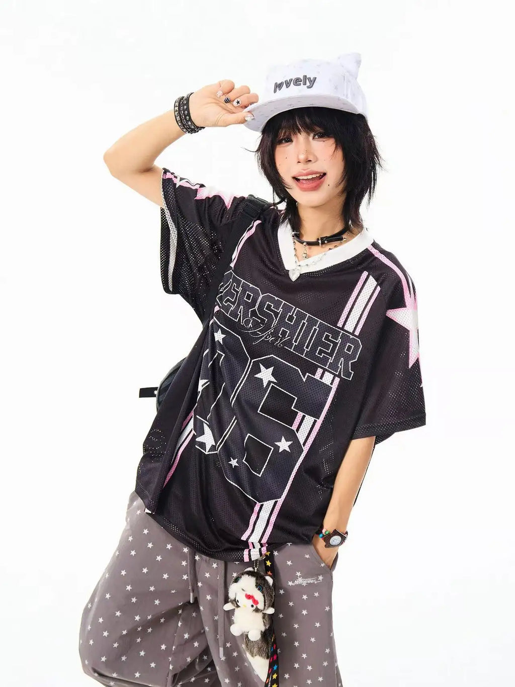 Retro Star V Neck Jersey Oversized Sport Casual Top OL2308