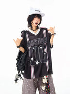 Retro Star V Neck Jersey Oversized Sport Casual Top OL2308