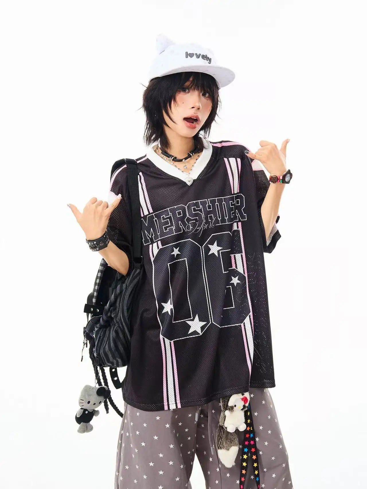 Retro Star V Neck Jersey Oversized Sport Casual Top OL2308