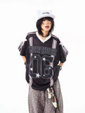 Retro Star V Neck Jersey Oversized Sport Casual Top OL2308