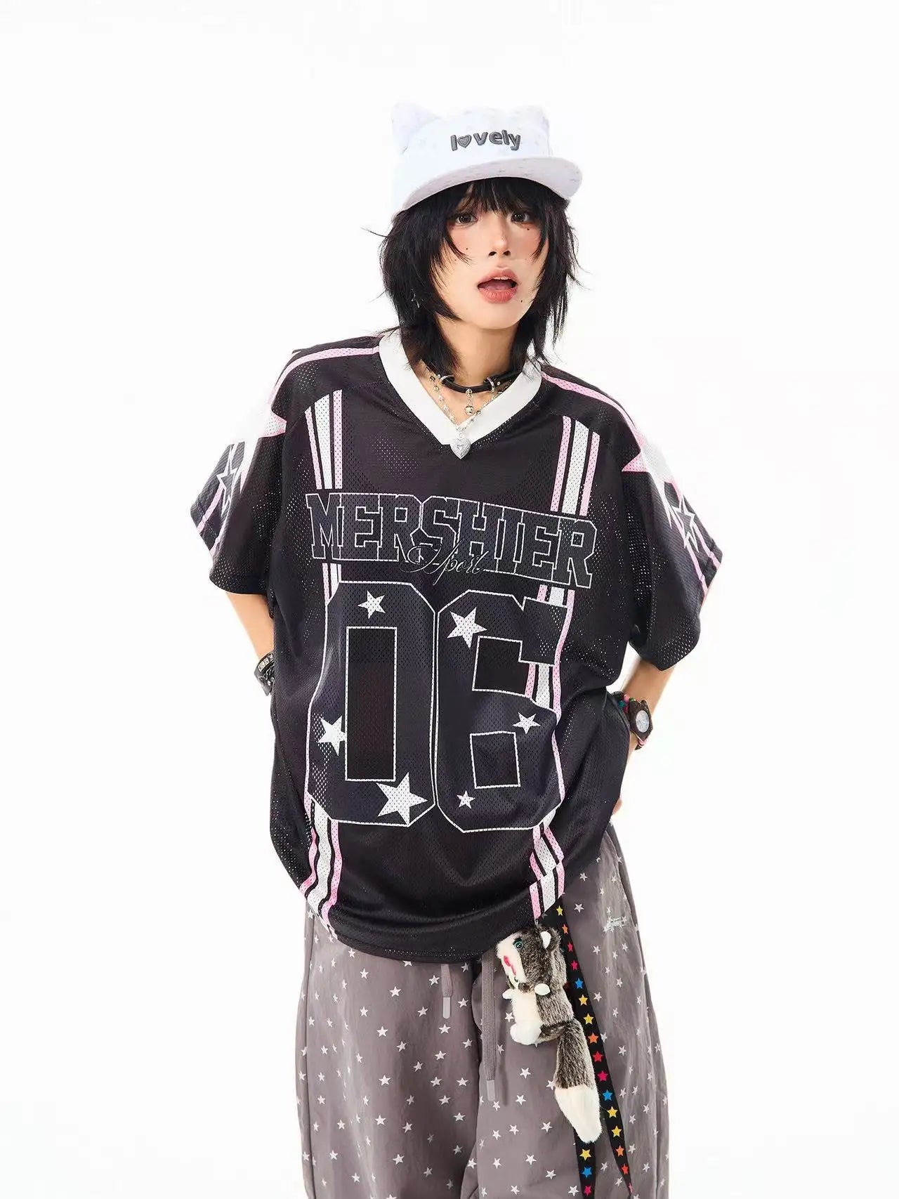 Retro Star V Neck Jersey Oversized Sport Casual Top OL2308