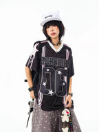 Retro Star V Neck Jersey Oversized Sport Casual Top OL2308