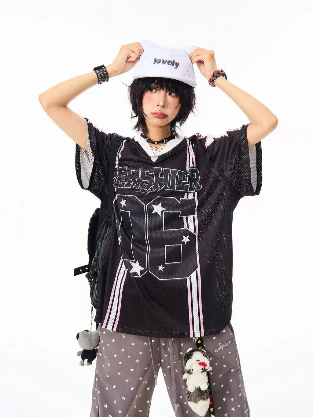 Retro Star V Neck Jersey Oversized Sport Casual Top OL2308