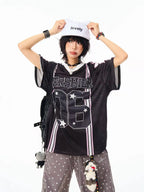Retro Star V Neck Jersey Oversized Sport Casual Top OL2308