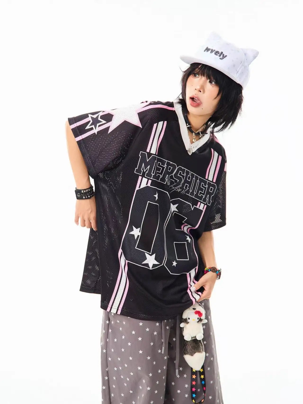Retro Star V Neck Jersey Oversized Sport Casual Top OL2308