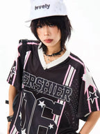 Retro Star V Neck Jersey Oversized Sport Casual Top OL2308