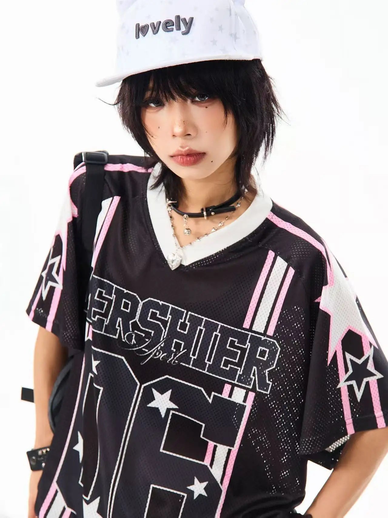 Retro Star V Neck Jersey Oversized Sport Casual Top OL2308