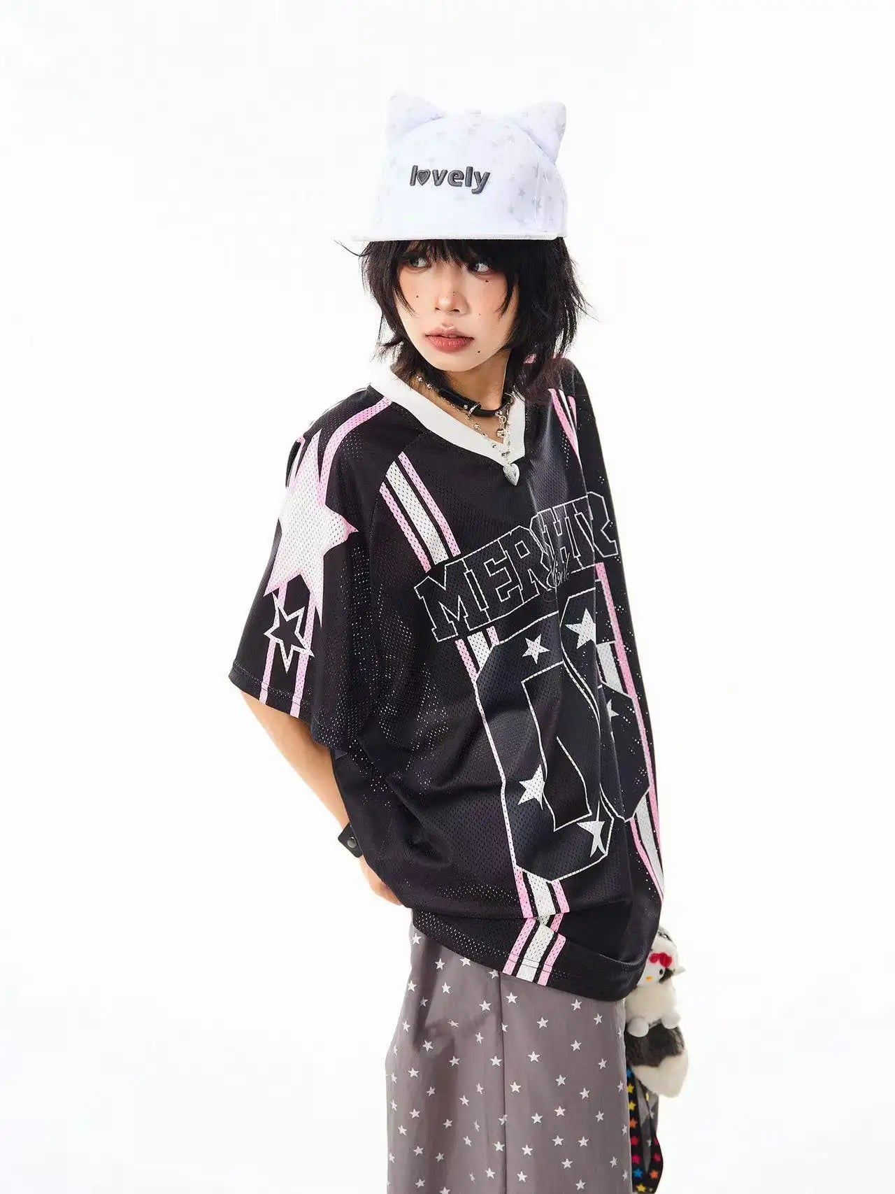 Retro Star V Neck Jersey Oversized Sport Casual Top OL2308