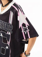 Retro Star V Neck Jersey Oversized Sport Casual Top OL2308