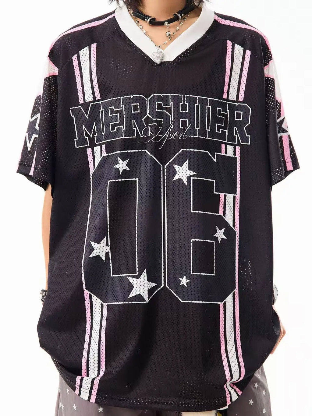 Retro Star V Neck Jersey Oversized Sport Casual Top OL2308