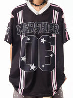 Retro Star V Neck Jersey Oversized Sport Casual Top OL2308