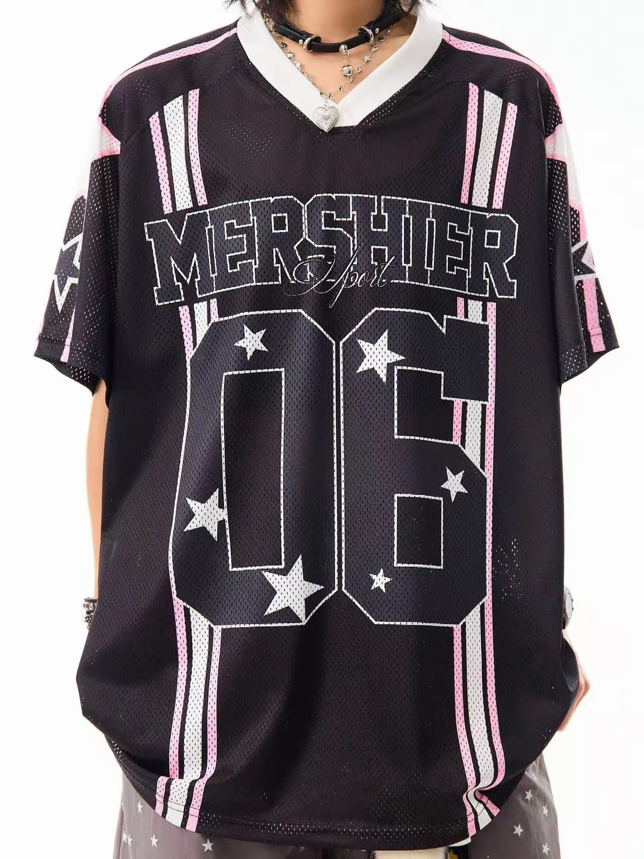 Retro Star V Neck Jersey Oversized Sport Casual Top OL2308