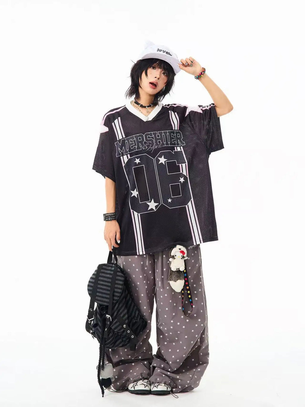 Retro Star V Neck Jersey Oversized Sport Casual Top OL2308