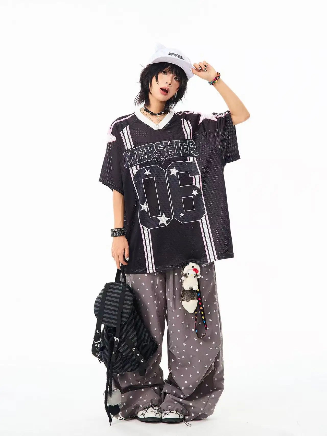 Retro Star V Neck Jersey Oversized Sport Casual Top OL2308