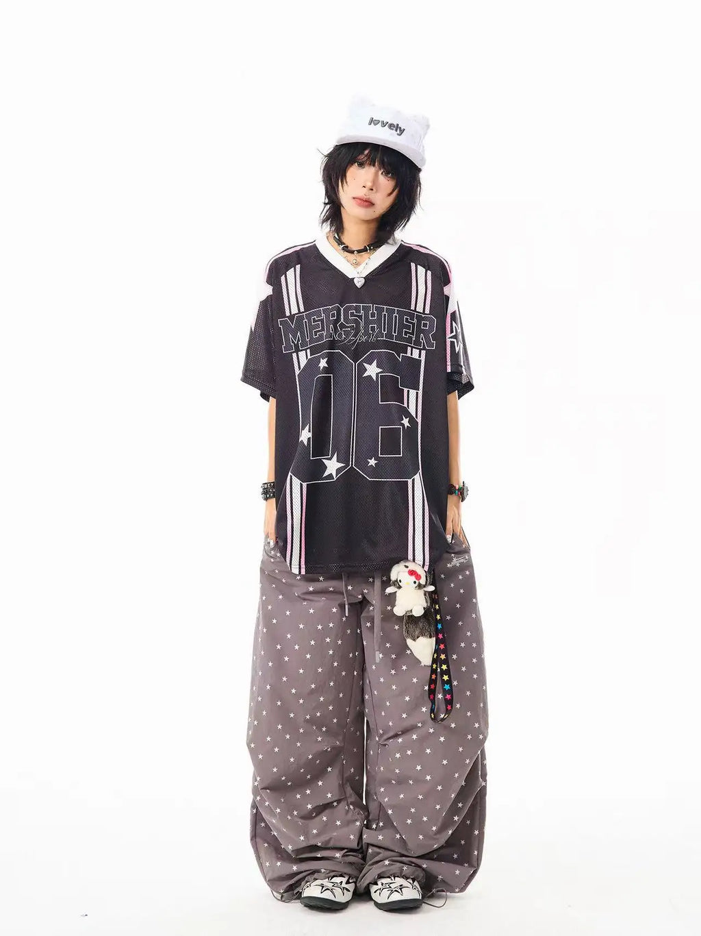 Retro Star V Neck Jersey Oversized Sport Casual Top OL2308
