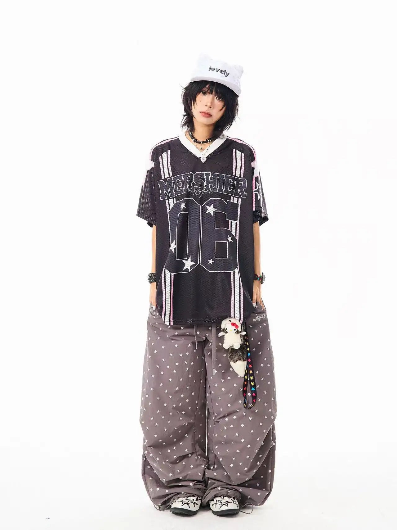 Retro Star V Neck Jersey Oversized Sport Casual Top OL2308