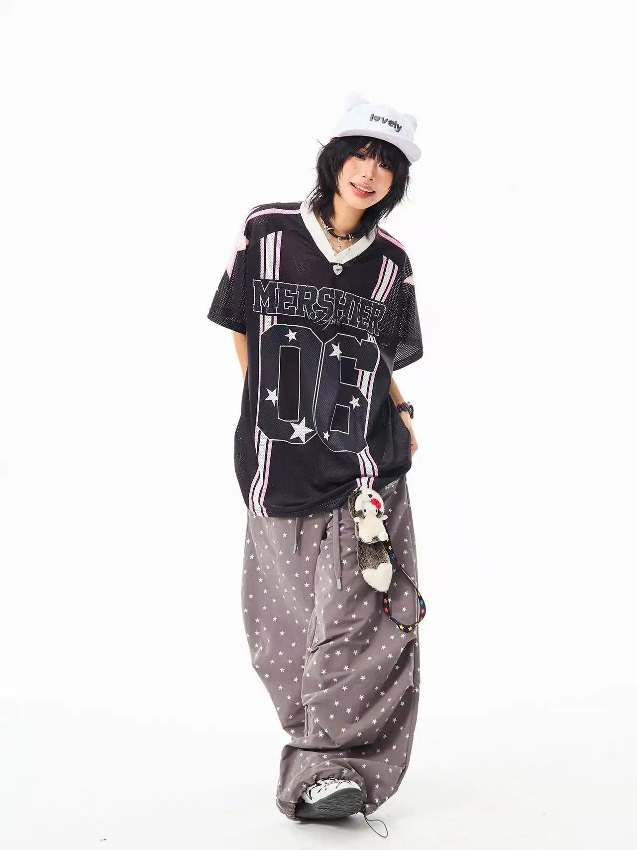 Retro Star V Neck Jersey Oversized Sport Casual Top OL2308