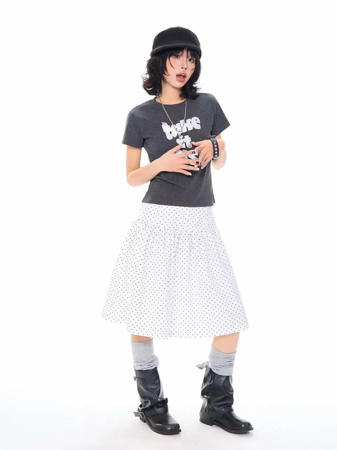 Polka Dot High Waist Pleated A Line Skirt OL2310