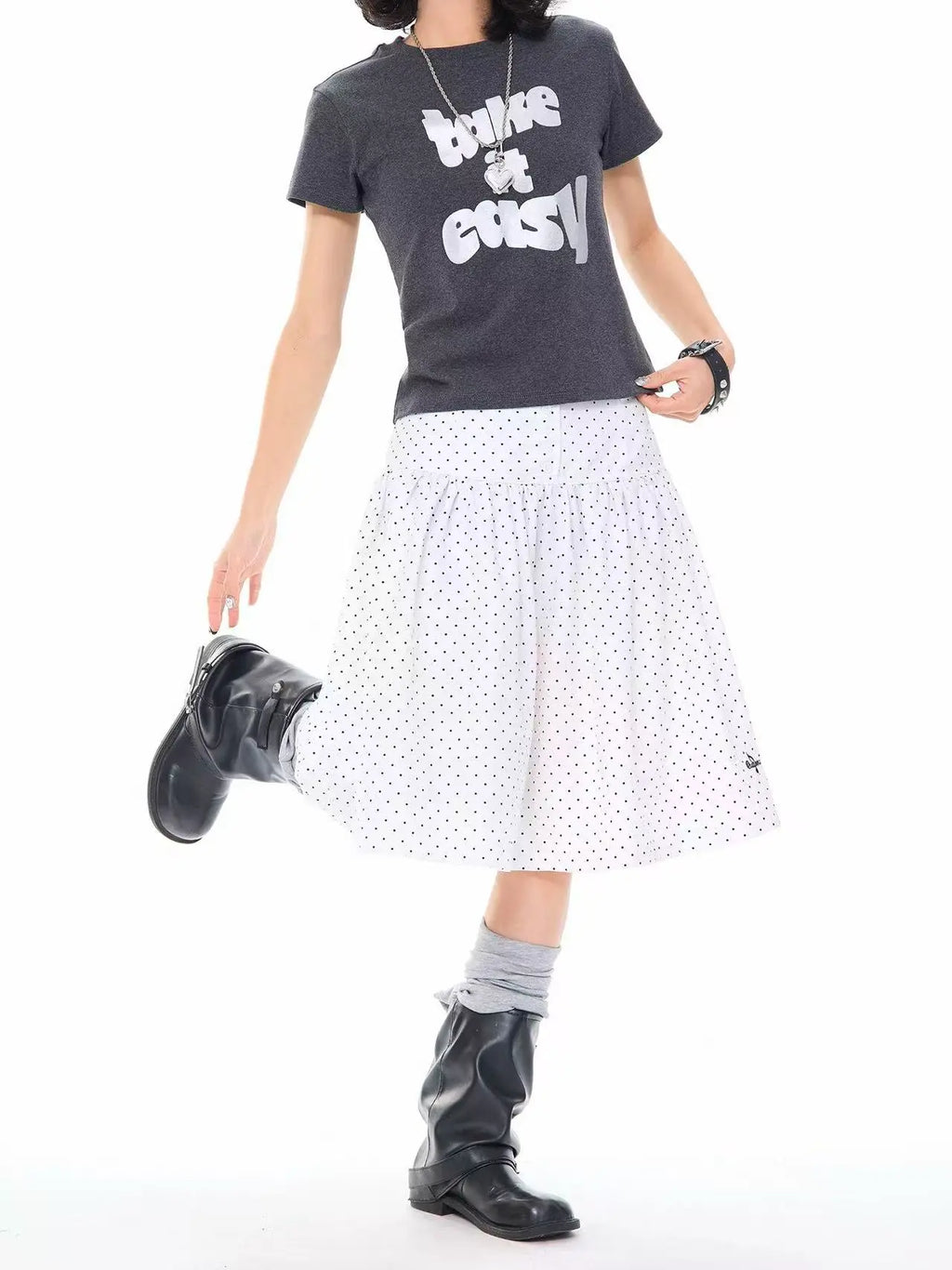 Polka Dot High Waist Pleated A Line Skirt OL2310