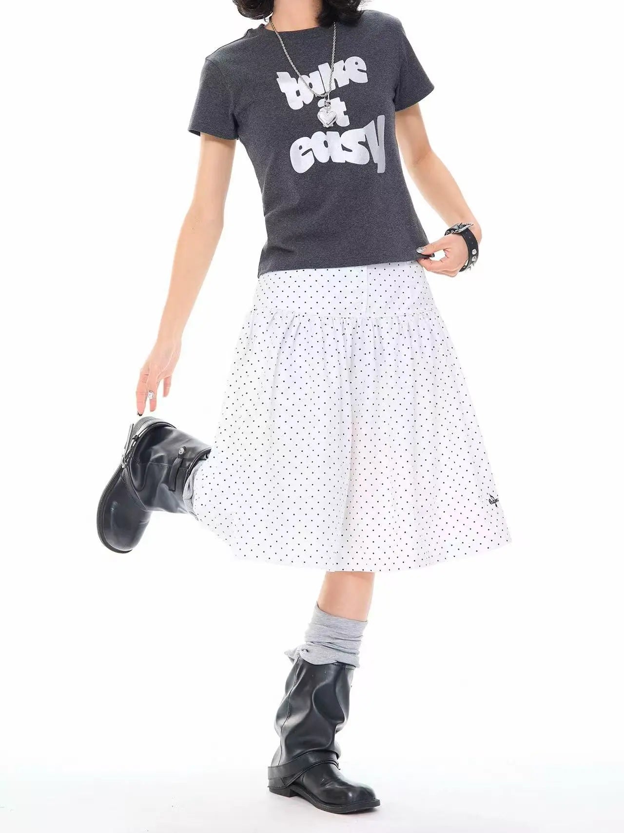 Polka Dot High Waist Pleated A Line Skirt OL2310