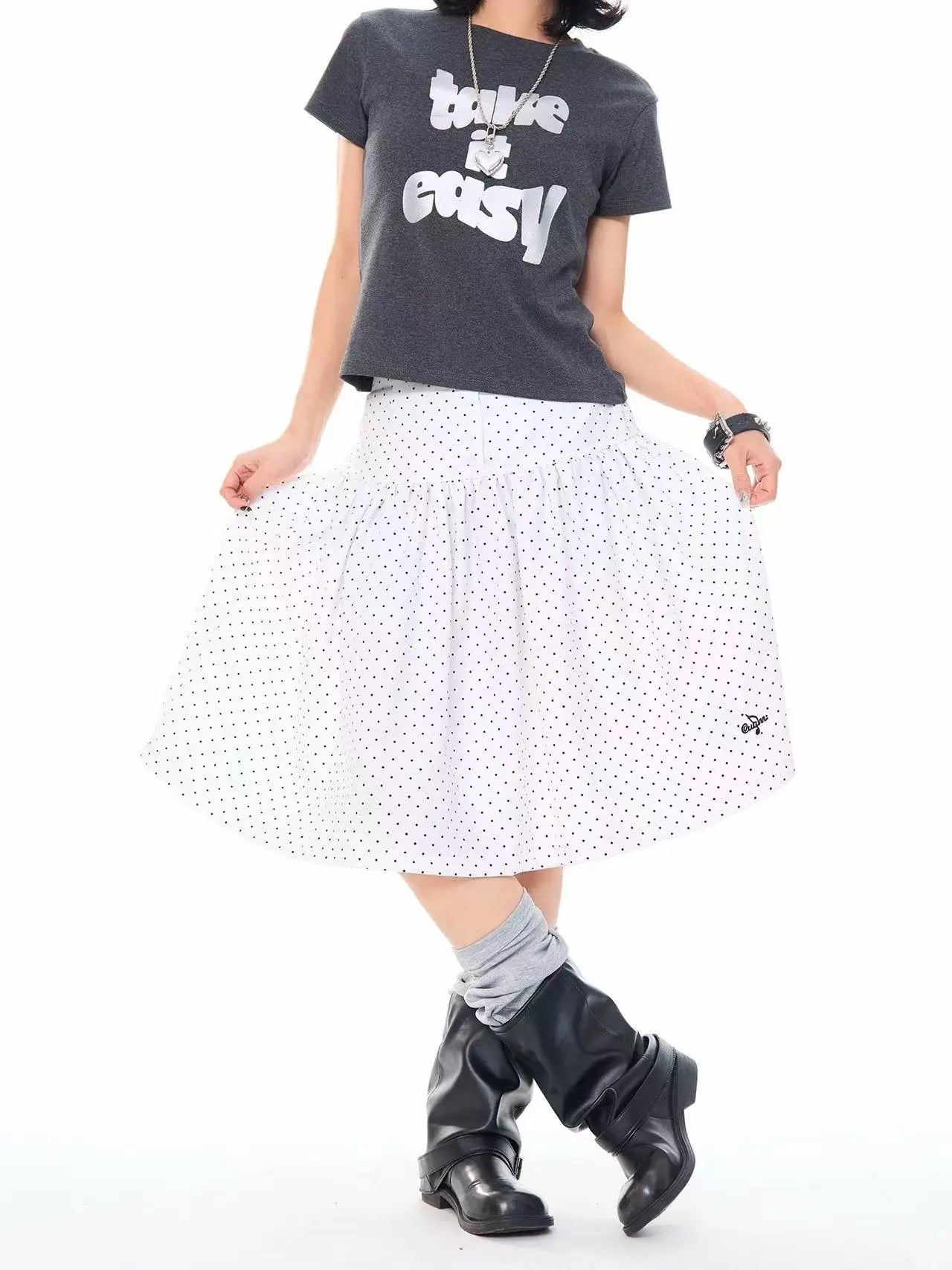 Polka Dot High Waist Pleated A Line Skirt OL2310